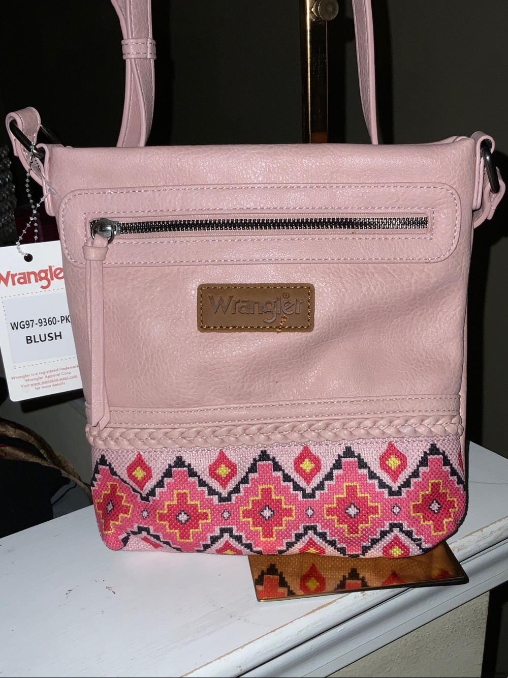 Wrangler Pink Crossbody Bag with Geometric Embroidered Trim
